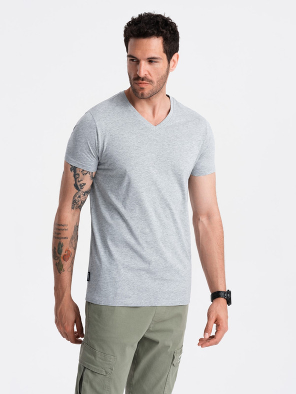 Ombre Clothing Šedé pánské bavlněné basic tričko s výstřihem Ombre Clothing