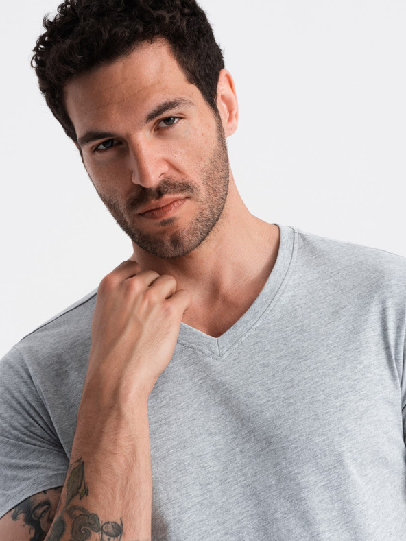 Ombre Clothing Šedé pánské bavlněné basic tričko s výstřihem Ombre Clothing