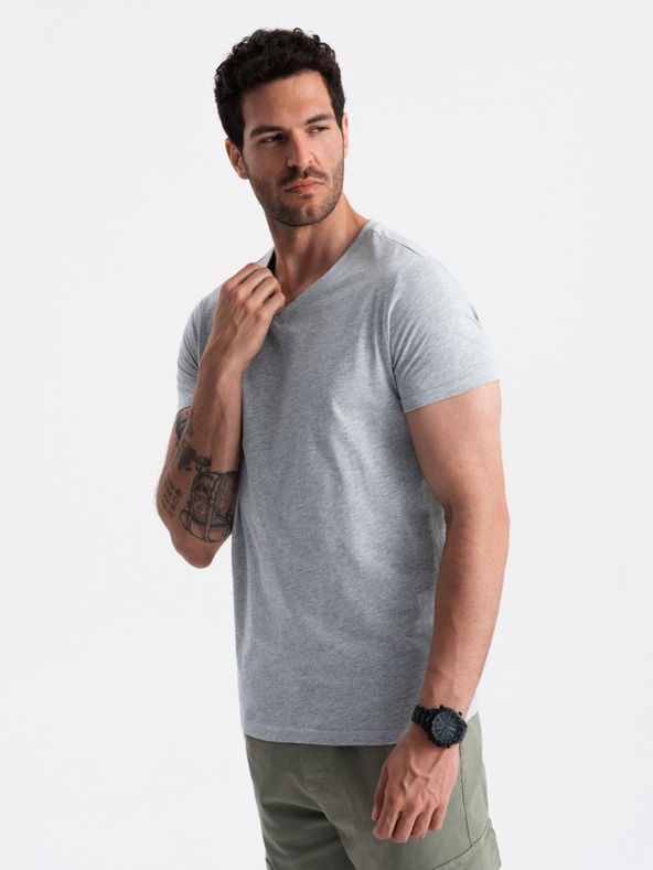 Ombre Clothing Šedé pánské bavlněné basic tričko s výstřihem Ombre Clothing