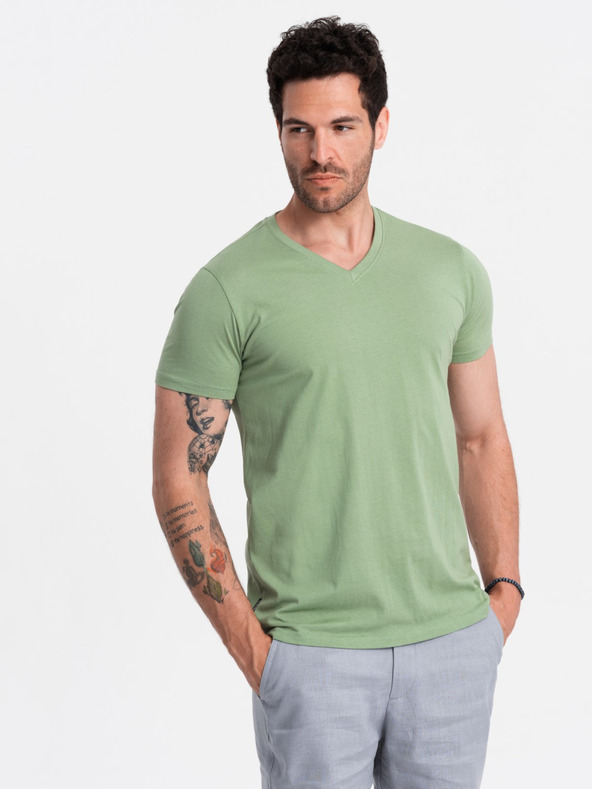 Ombre Clothing Bavlněné klasické pánské tričko BASIC s výstřihem do V - zelené V11 OM-TSBS-0145 Ombre Clothing