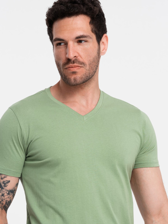 Ombre Clothing Bavlněné klasické pánské tričko BASIC s výstřihem do V - zelené V11 OM-TSBS-0145 Ombre Clothing