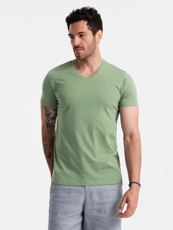 Ombre Clothing Bavlněné klasické pánské tričko BASIC s výstřihem do V - zelené V11 OM-TSBS-0145 Ombre Clothing