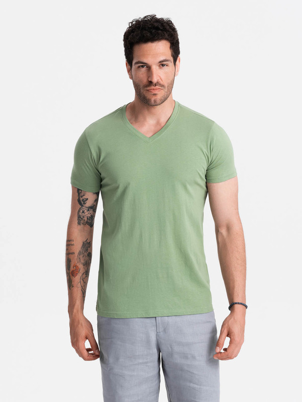 Ombre Clothing Bavlněné klasické pánské tričko BASIC s výstřihem do V - zelené V11 OM-TSBS-0145 Ombre Clothing