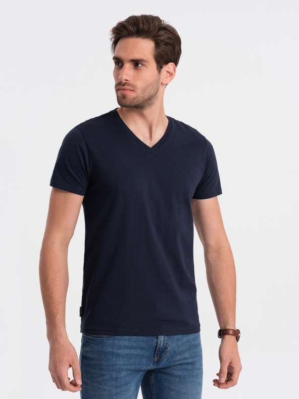 Ombre Clothing Tmavě modré pánské basic tričko s véčkovým výstřihem Ombre Clothing