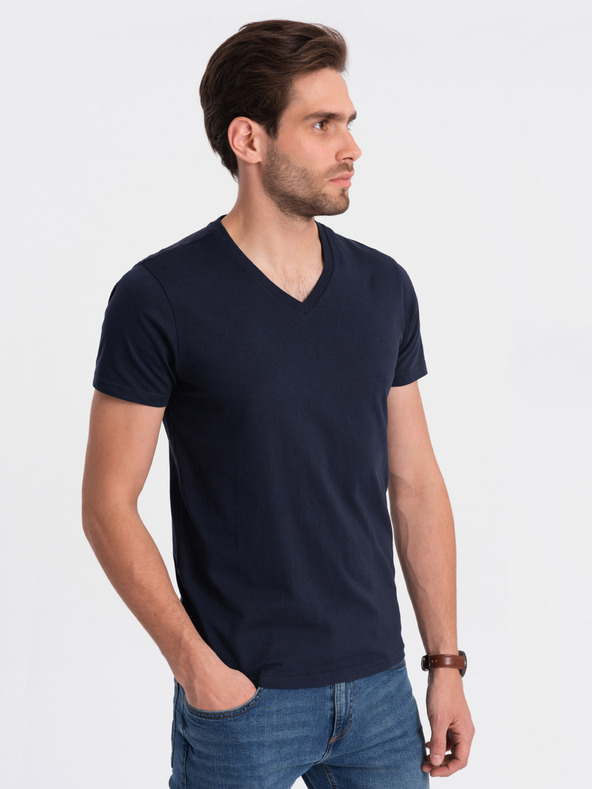 Ombre Clothing Tmavě modré pánské basic tričko s véčkovým výstřihem Ombre Clothing