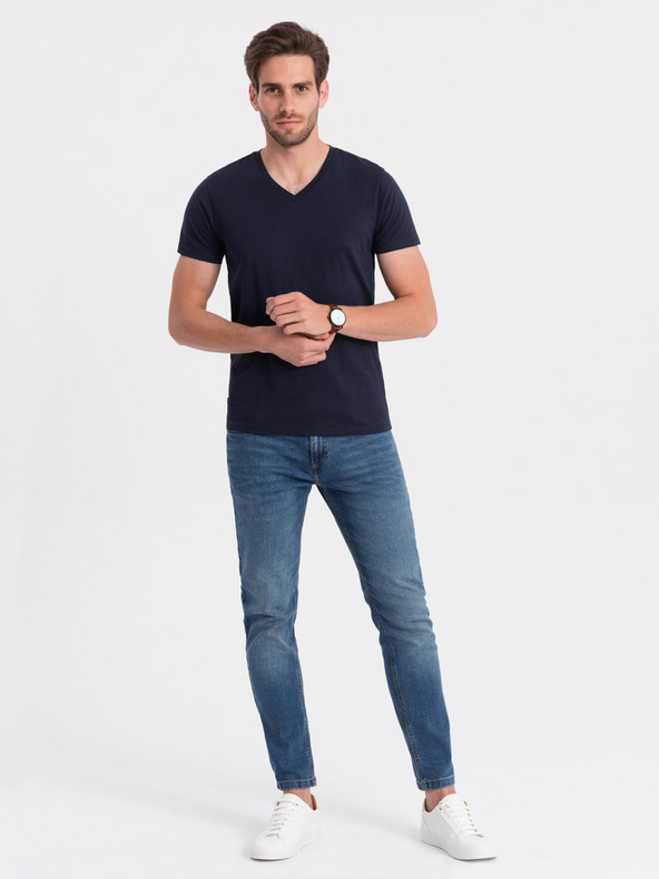 Ombre Clothing Tmavě modré pánské basic tričko s véčkovým výstřihem Ombre Clothing