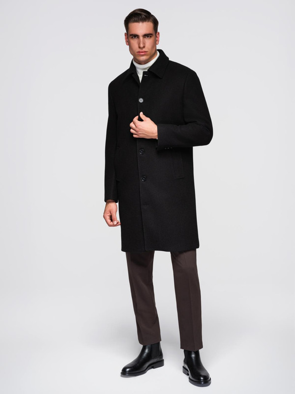 Ombre Clothing Pánský dlouhý jednořadý kabát s límcem a spodním pláštěm - černý V1 OM-COWC-0135 Ombre Clothing