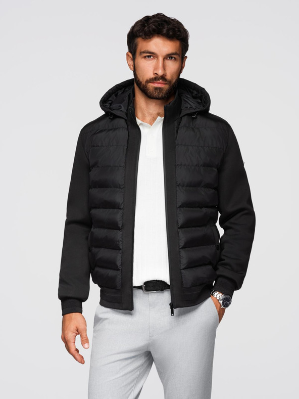 Ombre Clothing Prošívaná bunda bomber s kapucí a pletenými rukávy - černá V1 OM-JALP-0298 Ombre Clothing