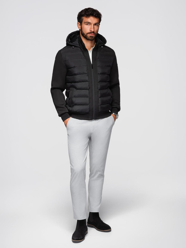 Ombre Clothing Prošívaná bunda bomber s kapucí a pletenými rukávy - černá V1 OM-JALP-0298 Ombre Clothing