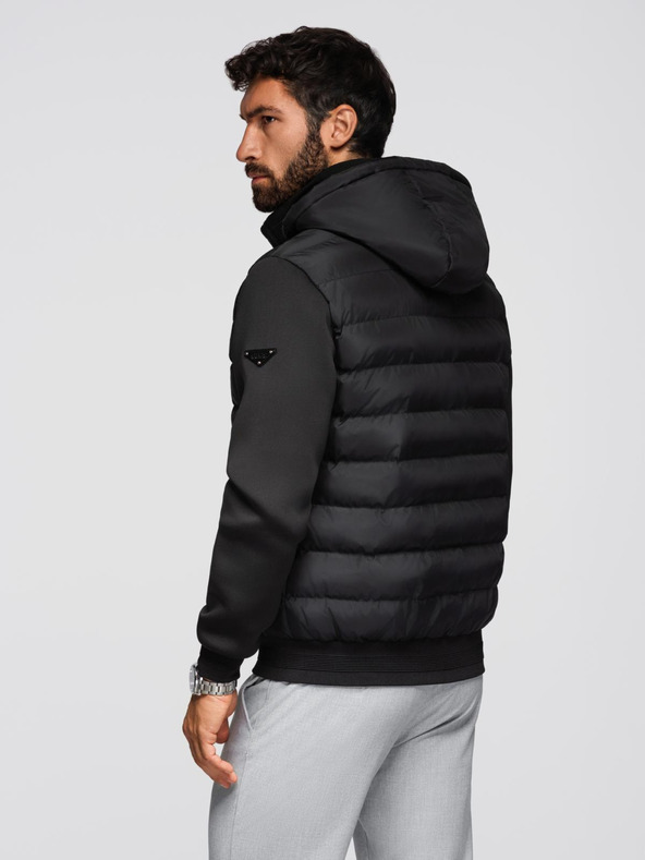 Ombre Clothing Prošívaná bunda bomber s kapucí a pletenými rukávy - černá V1 OM-JALP-0298 Ombre Clothing