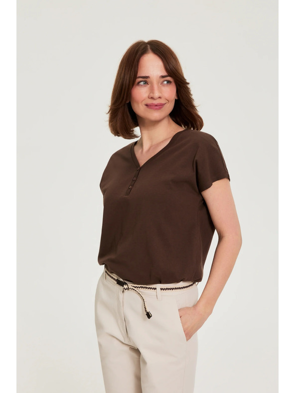 Moodo Bavlněné tričko s výstřihem do v hnědé Moodo