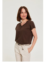 Moodo Bavlněné tričko s výstřihem do v hnědé Moodo