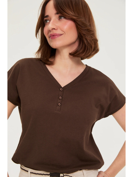 Moodo Bavlněné tričko s výstřihem do v hnědé Moodo