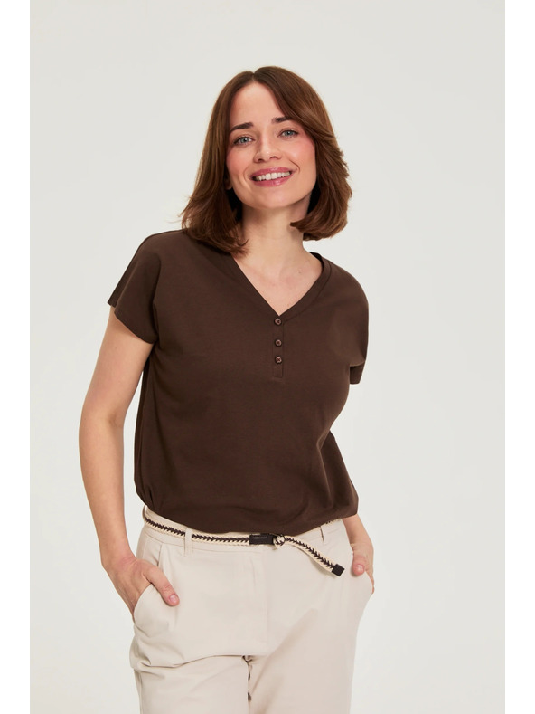 Moodo Bavlněné tričko s výstřihem do v hnědé Moodo