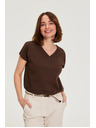 Moodo Bavlněné tričko s výstřihem do v hnědé Moodo