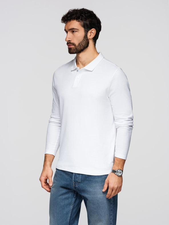 Ombre Clothing Pánské tričko BASIC s dlouhým rukávem a polo límcem - bílé V1 OM-POBL-0162 Ombre Clothing