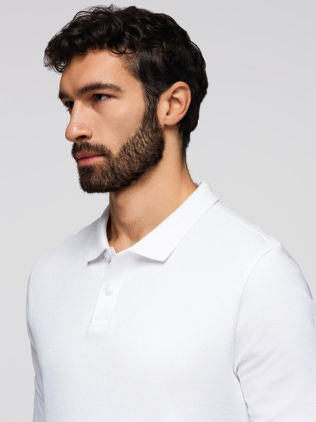 Ombre Clothing Pánské tričko BASIC s dlouhým rukávem a polo límcem - bílé V1 OM-POBL-0162 Ombre Clothing