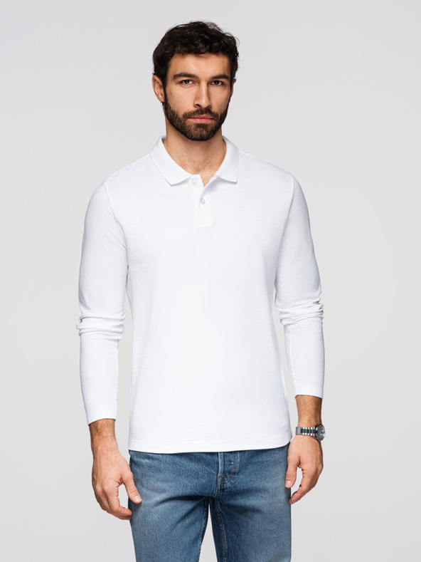 Ombre Clothing Pánské tričko BASIC s dlouhým rukávem a polo límcem - bílé V1 OM-POBL-0162 Ombre Clothing