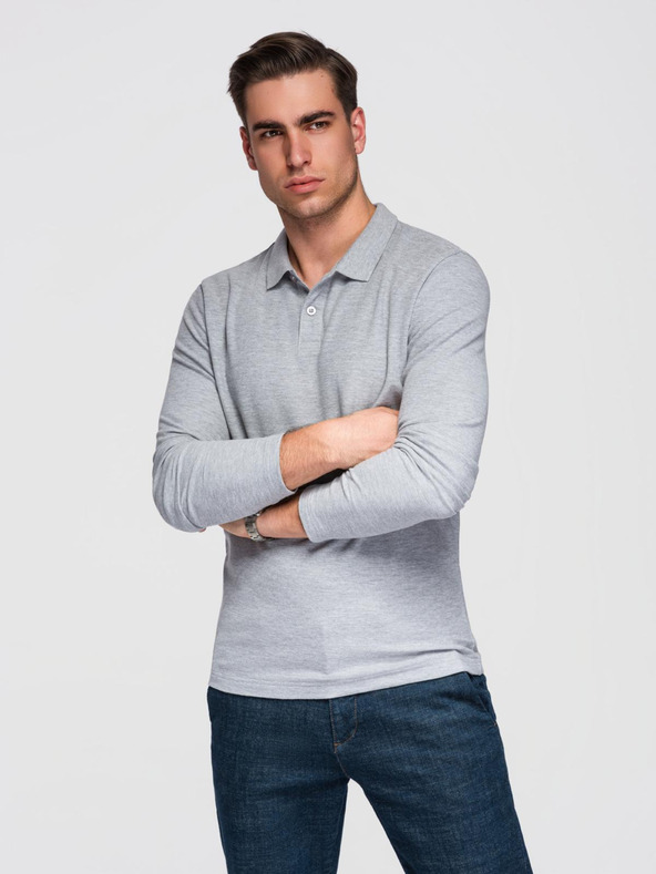 Ombre Clothing Pánské tričko s dlouhým rukávem a polo límcem BASIC - šedý melír V4 OM-POBL-0162 Ombre Clothing