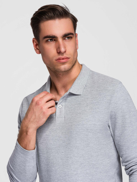 Ombre Clothing Pánské tričko s dlouhým rukávem a polo límcem BASIC - šedý melír V4 OM-POBL-0162 Ombre Clothing