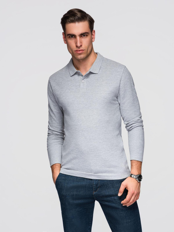 Ombre Clothing Pánské tričko s dlouhým rukávem a polo límcem BASIC - šedý melír V4 OM-POBL-0162 Ombre Clothing