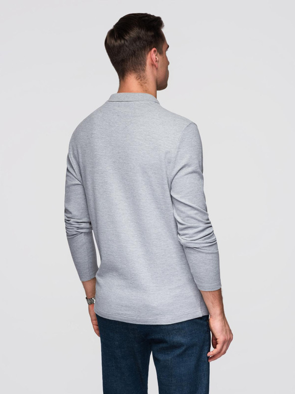 Ombre Clothing Pánské tričko s dlouhým rukávem a polo límcem BASIC - šedý melír V4 OM-POBL-0162 Ombre Clothing