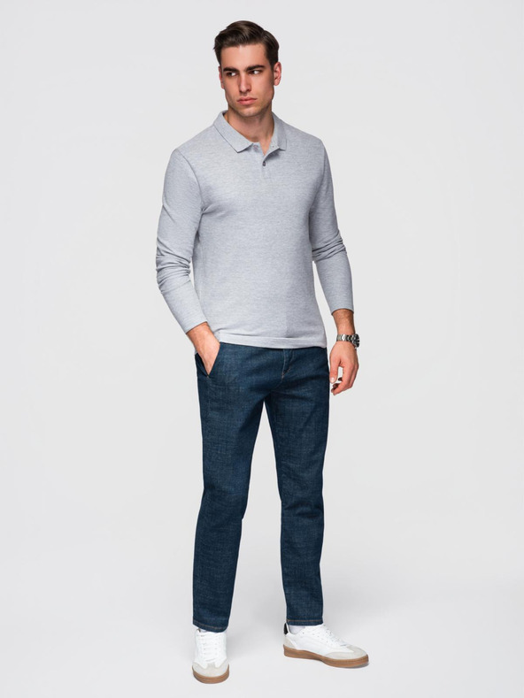 Ombre Clothing Pánské tričko s dlouhým rukávem a polo límcem BASIC - šedý melír V4 OM-POBL-0162 Ombre Clothing