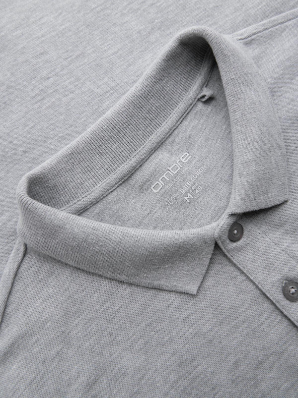 Ombre Clothing Pánské tričko s dlouhým rukávem a polo límcem BASIC - šedý melír V4 OM-POBL-0162 Ombre Clothing