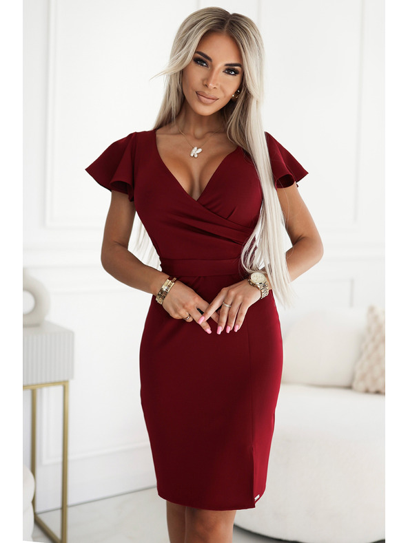 numoco Elegantní šaty s psaníčkovým výstřihem - vínová barva Numoco NINA