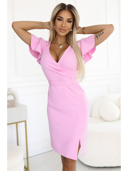 numoco 479-10 NINA elegantní šaty s výstřihem do V, rukávy a páskem - cukrovinkově růžové