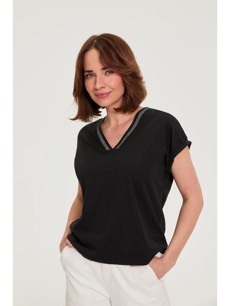 Moodo Bavlněné tričko s výstřihem do véčka černé Moodo