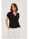 Moodo Bavlněné tričko s výstřihem do véčka černé Moodo