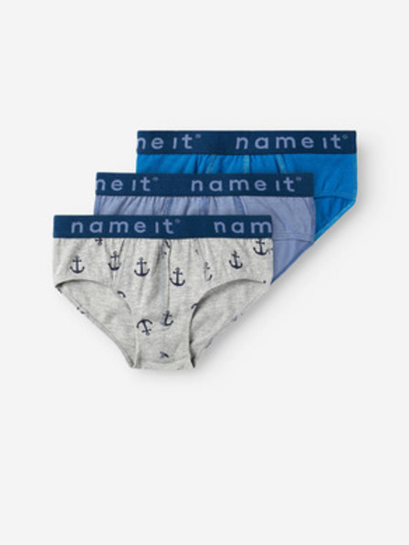 name it Sada tří klučičích slipů v šedé a modré barvě