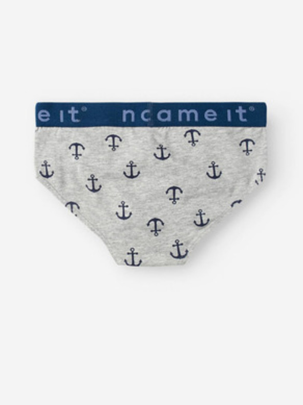 name it Sada tří klučičích slipů v šedé a modré barvě