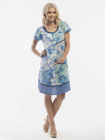 Orientique Modré dámské květované šaty s příměsí lnu Orientique