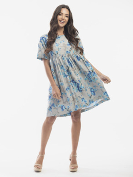 Orientique Modro-šedé dámské květované šaty s příměsí lnu