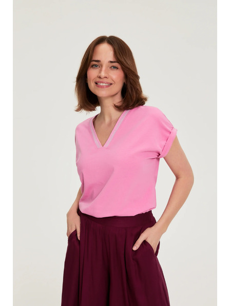 Moodo Bavlněné tričko s V výstřihem růžové Moodo