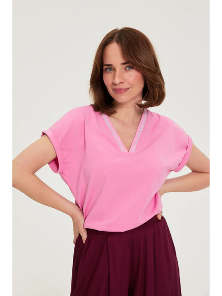 Moodo Bavlněné tričko s V výstřihem růžové Moodo