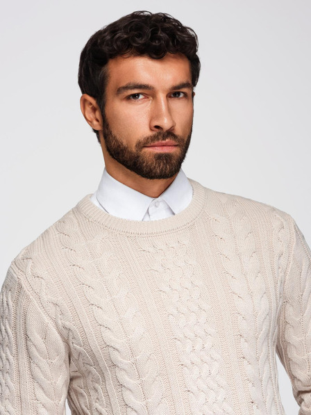Ombre Clothing Elegantní pánský svetr se zajímavou vazbou - ecru V1 OM-SWSW-0173 Ombre Clothing