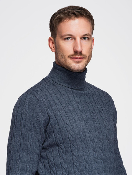 Ombre Clothing Pánský svetr s rolákem a kostkovanou vazbou - tmavě modrý V3 OM-SWTN-0157 Ombre Clothing