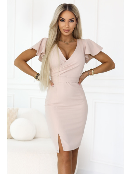 numoco NINA Elegantní šaty s obálkovým výstřihem, rukávem a páskem - béžové s třpytem