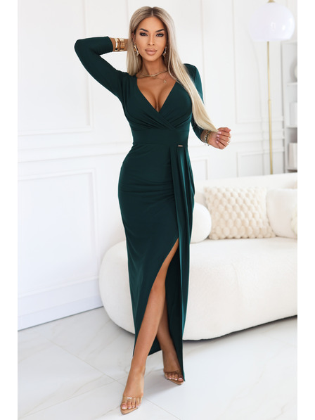 numoco Elegantní dlouhé šaty s obálkovým výstřihem a rozparkem - lahvová zeleň