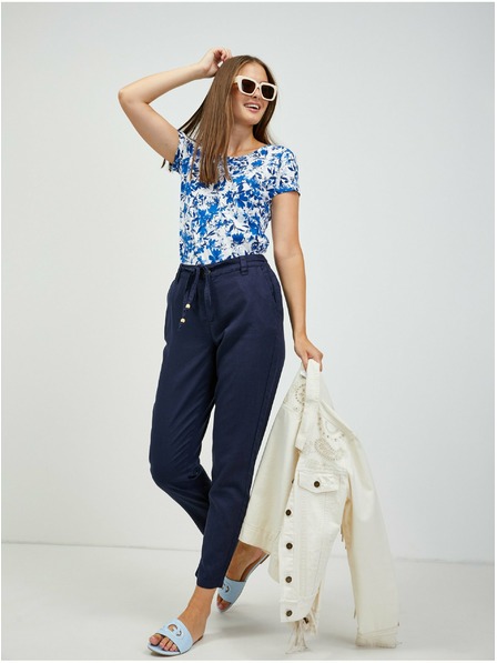 Orsay Tmavě modré zkrácené lněné chino kalhoty se zavazováním ORSAY