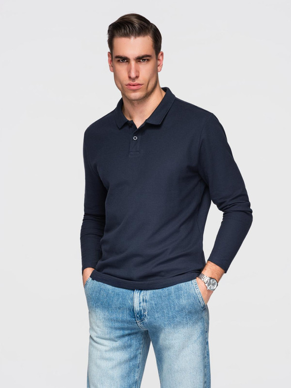 Ombre Clothing Pánské tričko BASIC s dlouhým rukávem a polo límcem - tmavě modré V3 OM-POBL-0162 Ombre Clothing