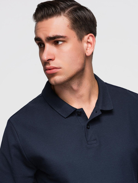 Ombre Clothing Pánské tričko BASIC s dlouhým rukávem a polo límcem - tmavě modré V3 OM-POBL-0162 Ombre Clothing