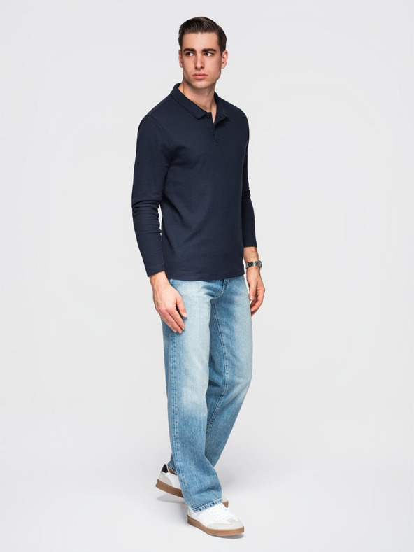 Ombre Clothing Pánské tričko BASIC s dlouhým rukávem a polo límcem - tmavě modré V3 OM-POBL-0162 Ombre Clothing
