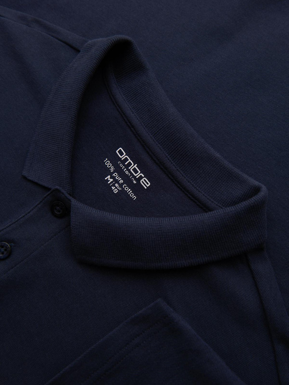 Ombre Clothing Pánské tričko BASIC s dlouhým rukávem a polo límcem - tmavě modré V3 OM-POBL-0162 Ombre Clothing