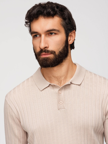 Ombre Clothing Pánská polokošile SLIM FIT z viskózy se svislými pruhy - béžová V2 OM-POSS-0169 Ombre Clothing