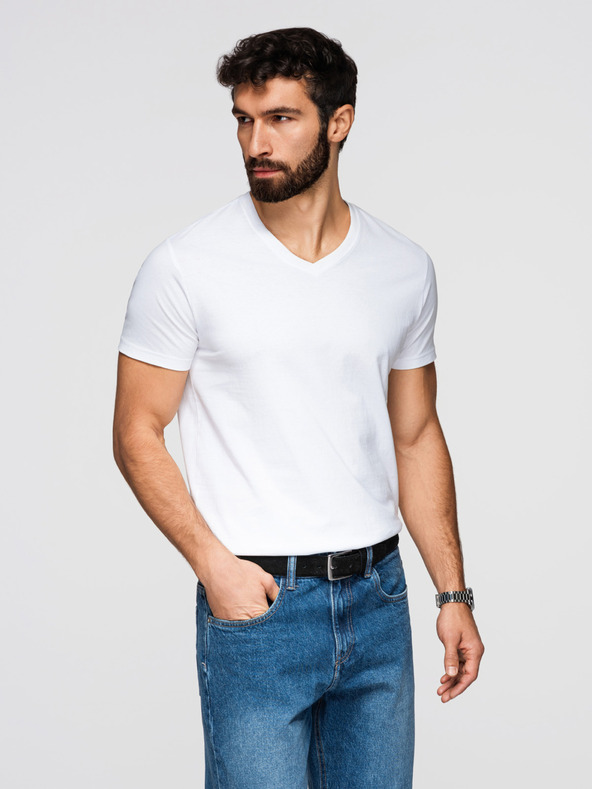 Ombre Clothing Pánská bavlněná trička BASIC s výstřihem do V - 3x bílá V11 OM-TSBS-0281 (3x BÍLÁ) Ombre Clothing