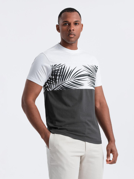 Ombre Clothing Pánské dvoubarevné tričko s potiskem palmových listů - grafitová V2 OM-TSPT-0177 Ombre Clothing